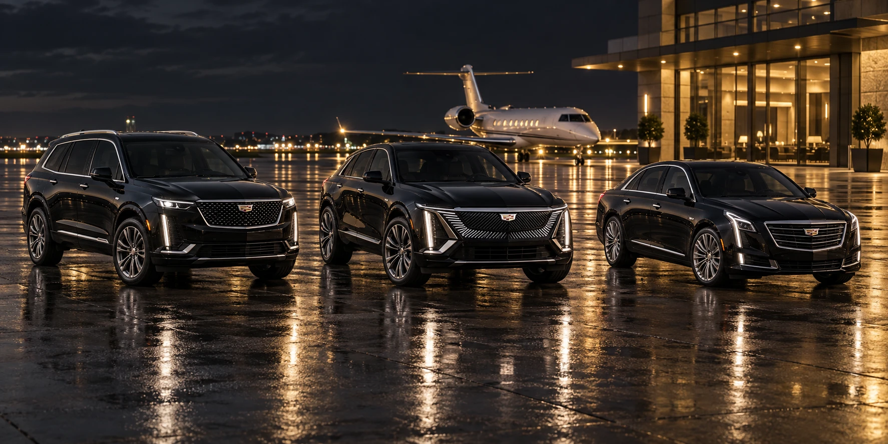 Black Cadillac XT6, LYRIQ and XTS in gold airport lighting at night