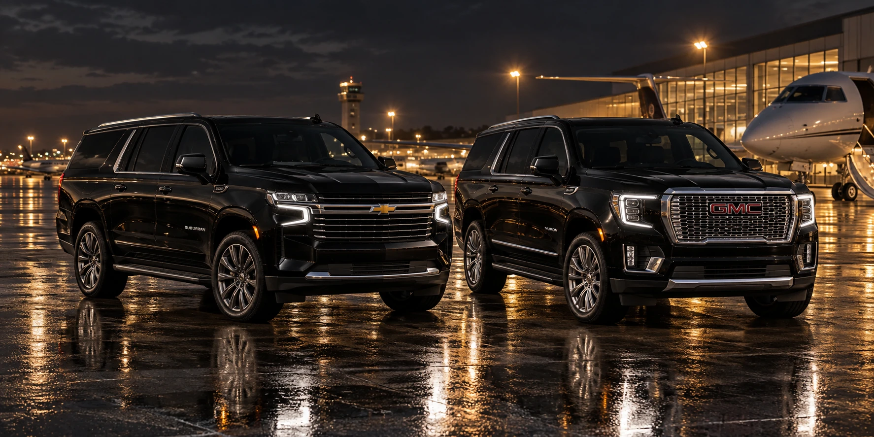 Black Chevrolet Suburban and GMC Yukon in gold airport lighting on wet pavement at night